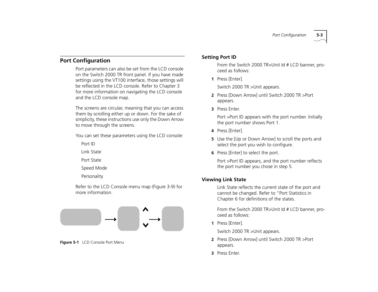 Port configuration, Setting port id, Viewing link state | Port configuration 5-3, Setting port id 5-3, Viewing link state 5-3, Port switch 2000 tr | 3Com TR User Manual | Page 85 / 126