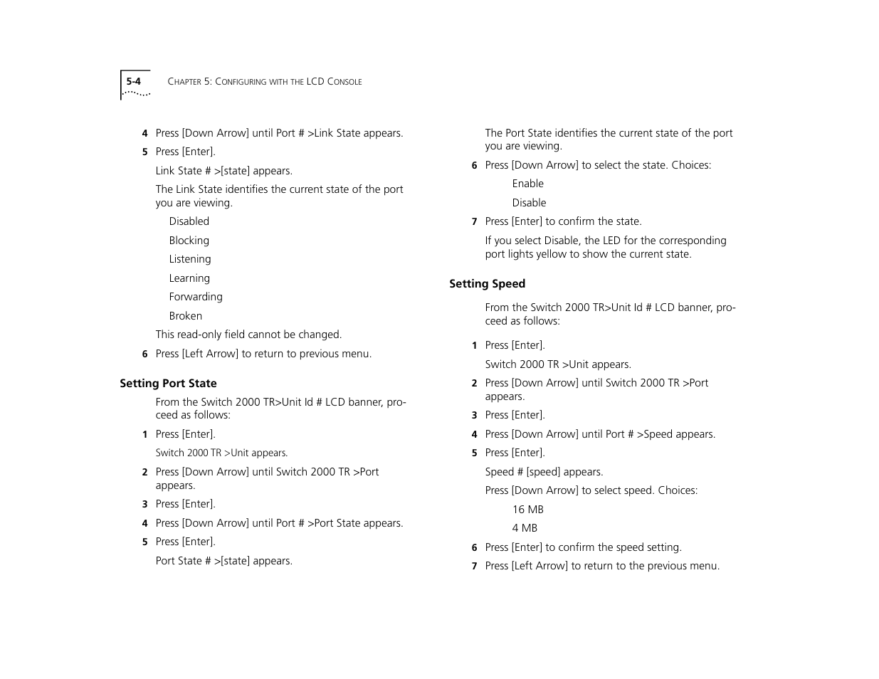 Setting port state, Setting speed, Setting port state 5-4 | Setting speed 5-4 | 3Com TR User Manual | Page 86 / 126