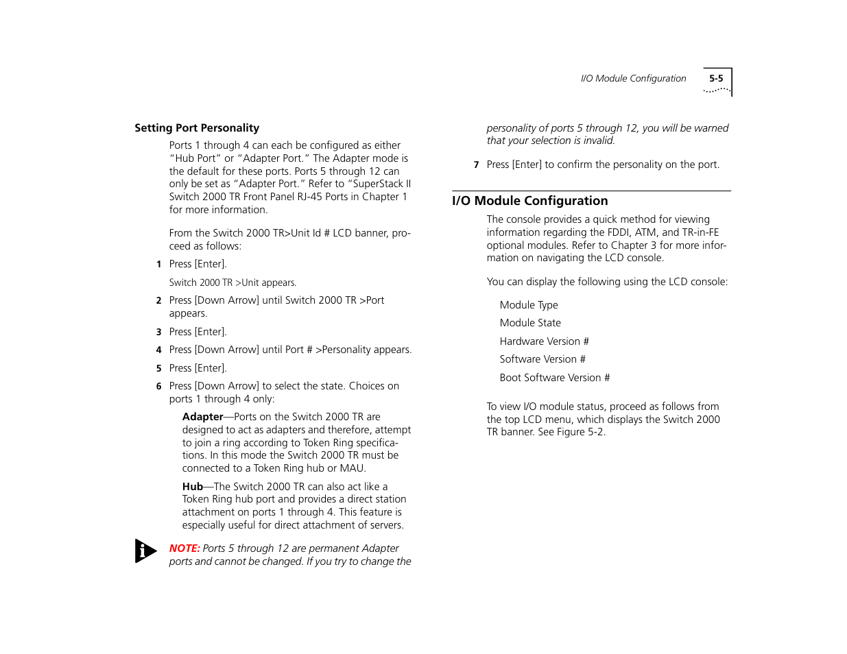 Setting port personality, I/o module configuration, Setting port personality 5-5 | I/o module configuration 5-5 | 3Com TR User Manual | Page 87 / 126