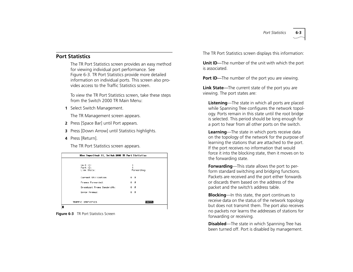 Port statistics, Port statistics 6-3, Cannot be changed. refer to “port statistics in | 3Com TR User Manual | Page 91 / 126