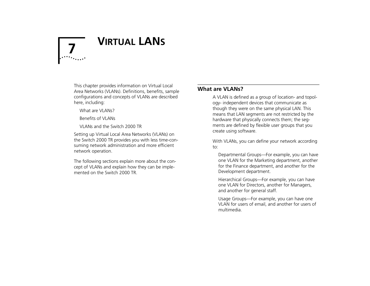 Virtual lans, What are vlans, Irtual | What are vlans? 7-1 | 3Com TR User Manual | Page 99 / 126