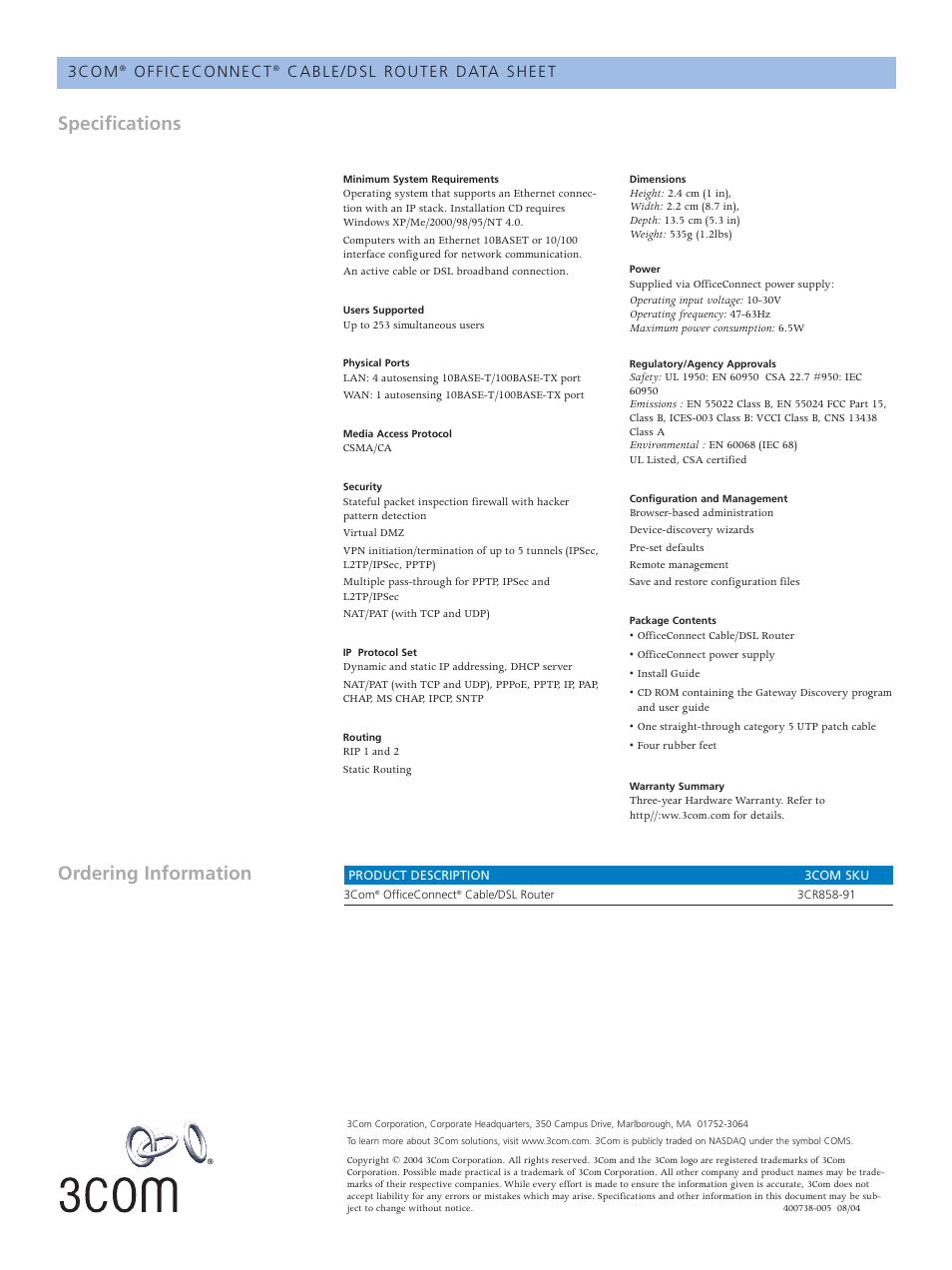 Specifications, Ordering information, 3 c o m | 3Com 3CR858-91 User Manual | Page 2 / 2