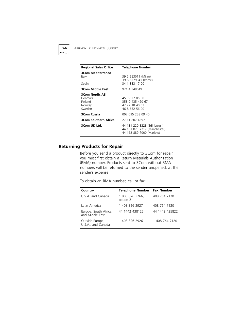 Returning products for repair | 3Com 3C389 User Manual | Page 80 / 86