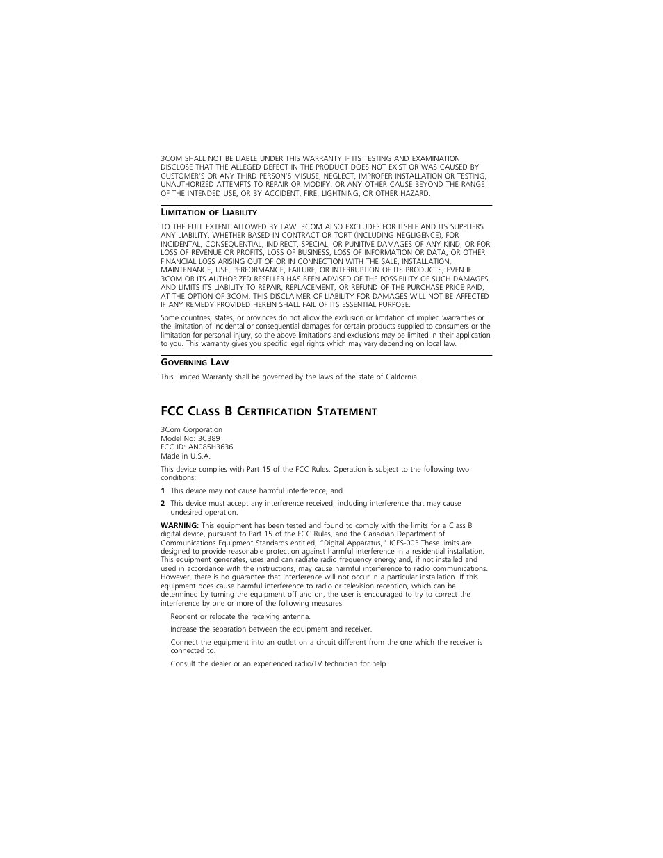 Fcc c | 3Com 3C389 User Manual | Page 84 / 86