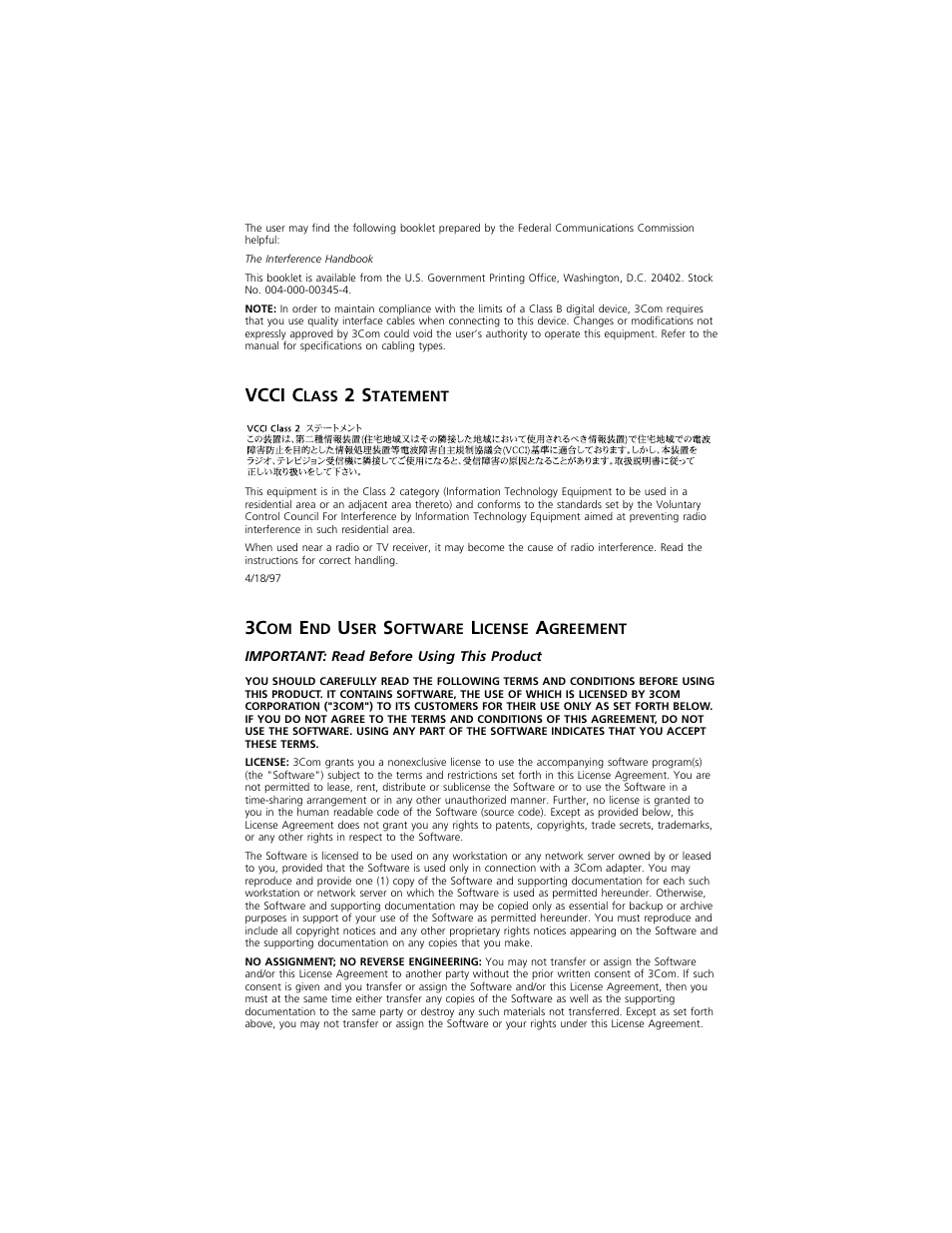 Vcci c | 3Com 3C389 User Manual | Page 85 / 86
