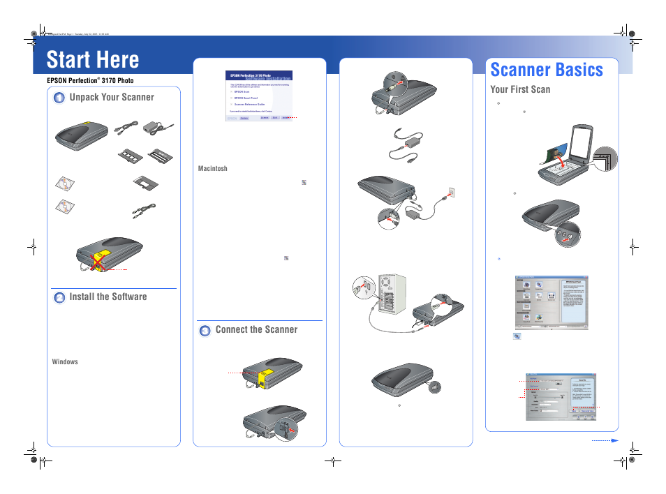 Your first scan, Start here, Scanner basics | Unpack your scanner, Install the software, Connect the scanner, Turn over, Epson perfection, 3170 photo, Windows | Epson Photo Scanner 3170 User Manual | Page 2 / 4