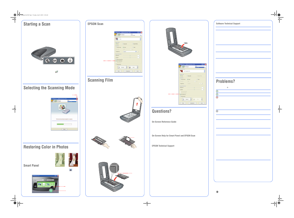 Questions, Problems, Starting a scan | Selecting the scanning mode, Restoring color in photos, Scanning film, Smart panel, Epson scan | Epson Photo Scanner 3170 User Manual | Page 4 / 4