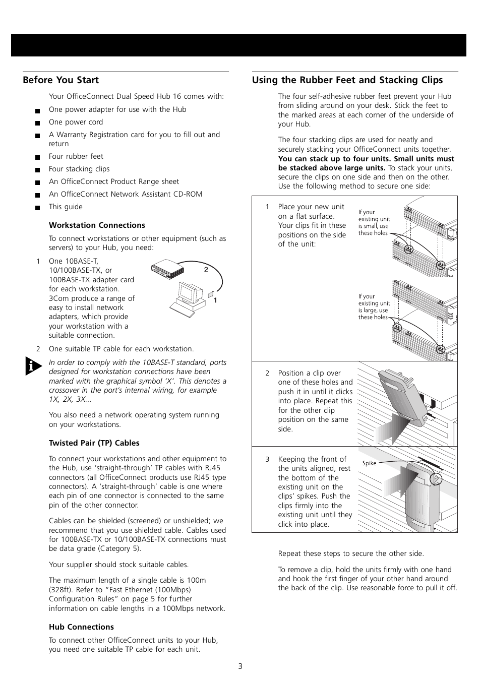 Before you start, Using the rubber feet and stacking clips | 3Com 3C16751 User Manual | Page 3 / 8