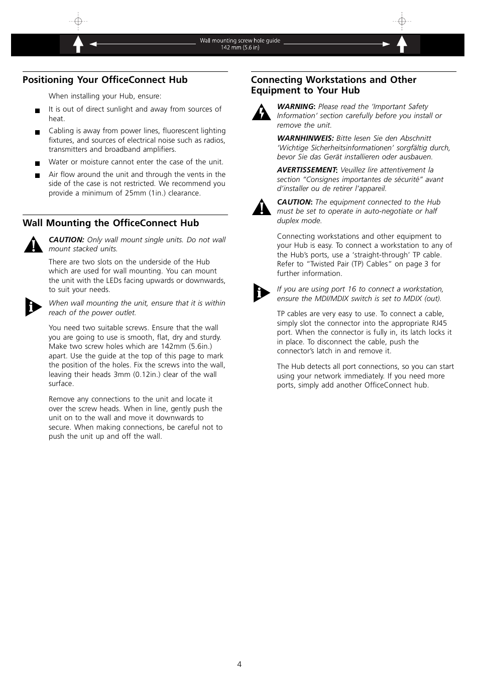 Positioning your officeconnect hub, Wall mounting the officeconnect hub | 3Com 3C16751 User Manual | Page 4 / 8