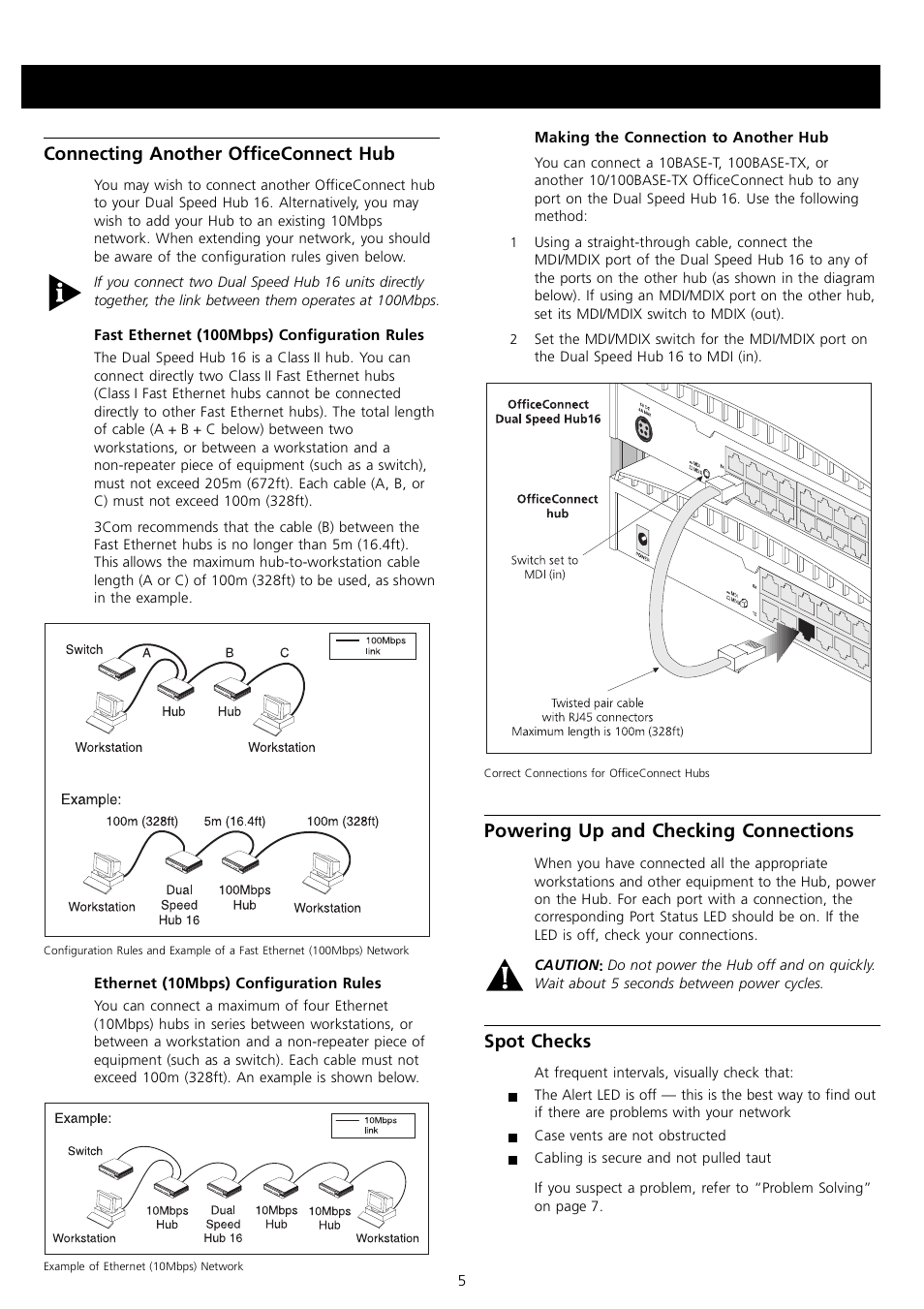 Powering up and checking connections, Connecting another officeconnect hub, Spot checks | 3Com 3C16751 User Manual | Page 5 / 8