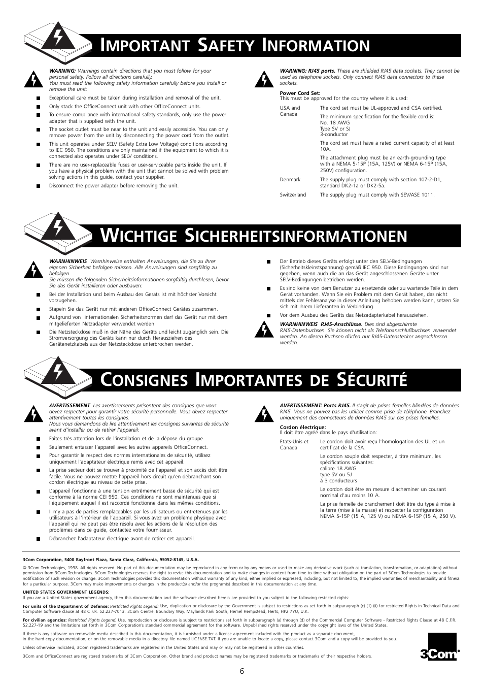 Important safety information, Wichtige sicherheitsinformationen, Consignes importantes de sécurité | Mportant, Afety, Nformation, Ichtige, Icherheitsinformationen, Onsignes, Mportantes | 3Com 3C16751 User Manual | Page 6 / 8