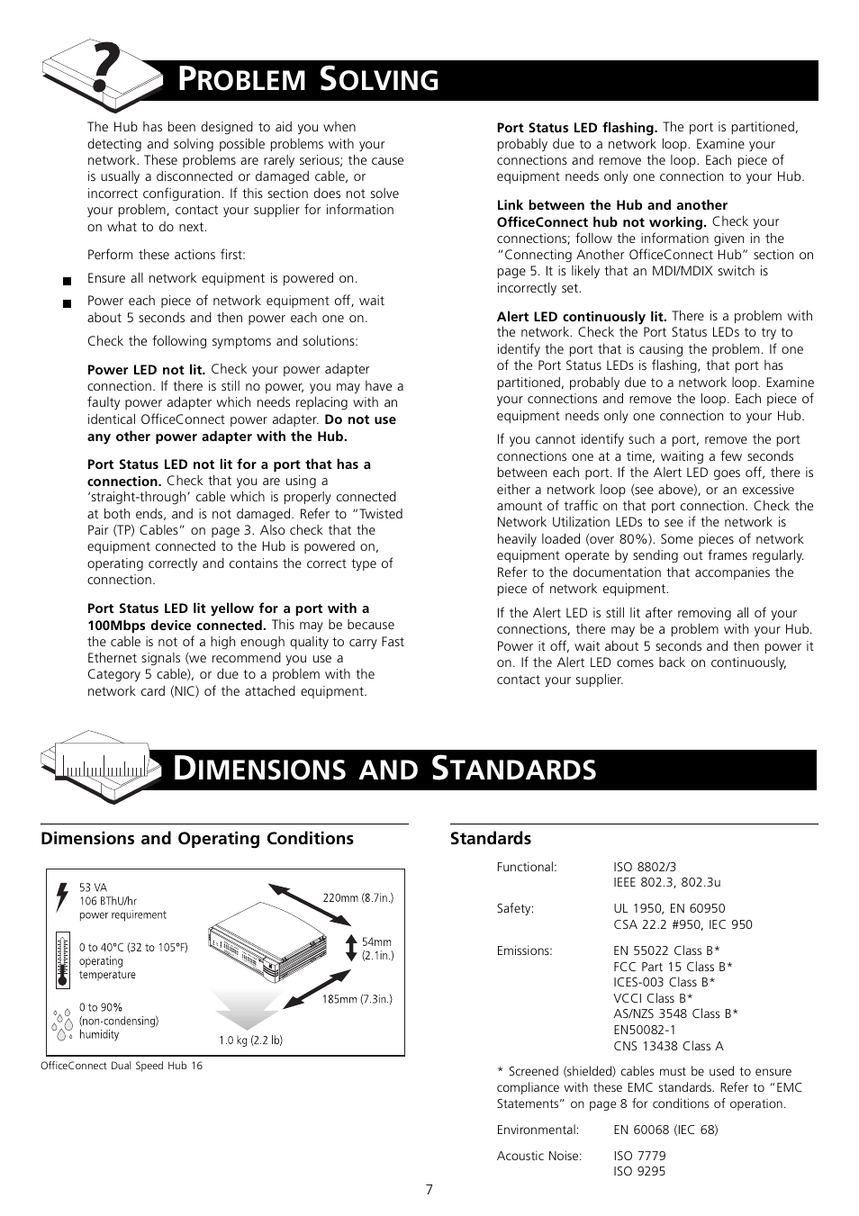 Problem solving, Dimensions and standards, Roblem | Olving, Imensions, Tandards | 3Com 3C16751 User Manual | Page 7 / 8