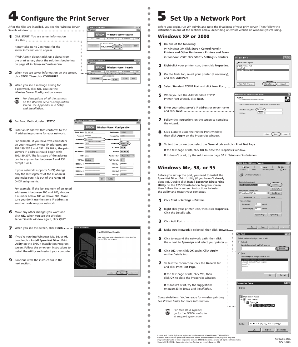 Set up a network port, Configure the print server, Windows xp or 2000 | Windows me, 98, or 95 | Epson C80WN User Manual | Page 2 / 2