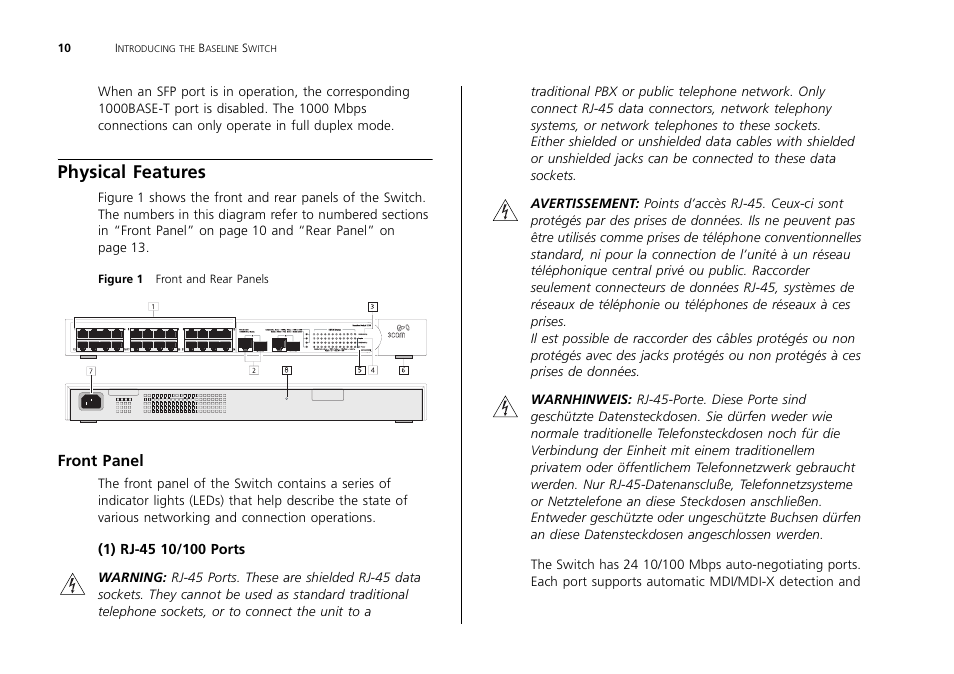 Physical features, Front panel | 3Com 2226 PLUS User Manual | Page 10 / 92