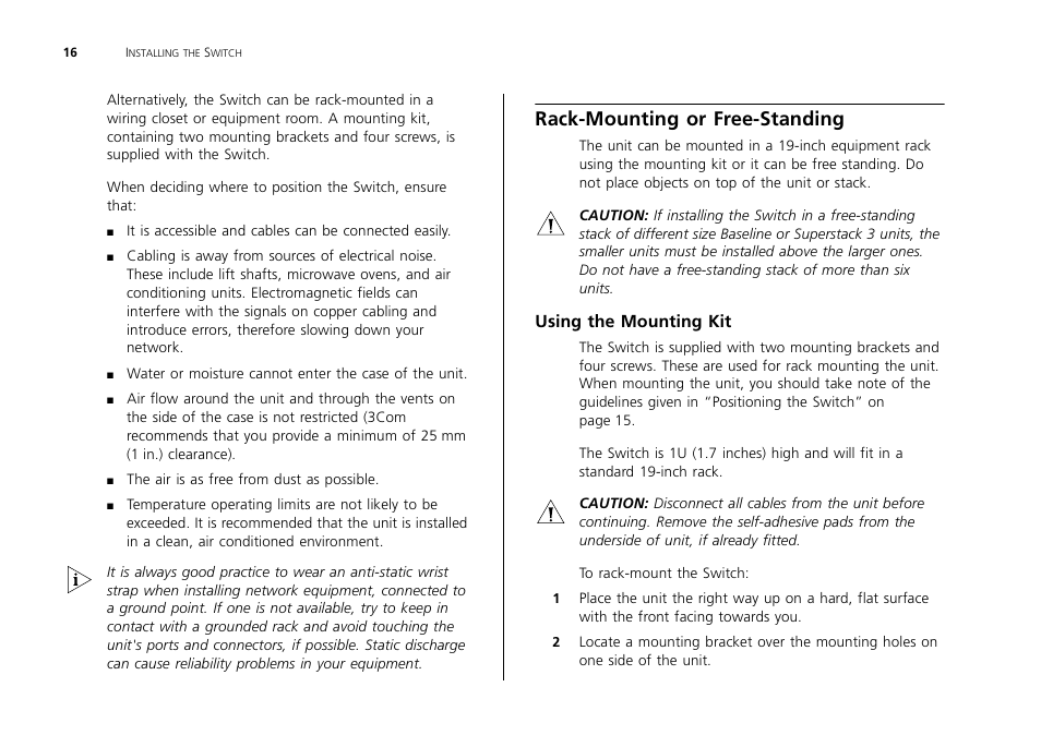 Rack-mounting or free-standing, Using the mounting kit | 3Com 2226 PLUS User Manual | Page 16 / 92