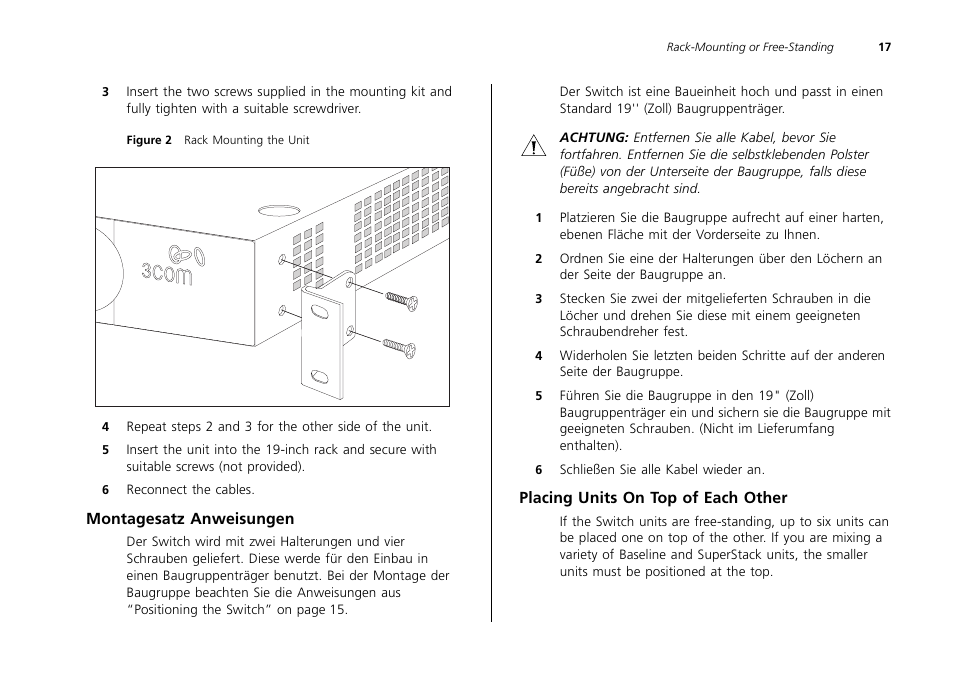 Montagesatz anweisungen, Placing units on top of each other | 3Com 2226 PLUS User Manual | Page 17 / 92