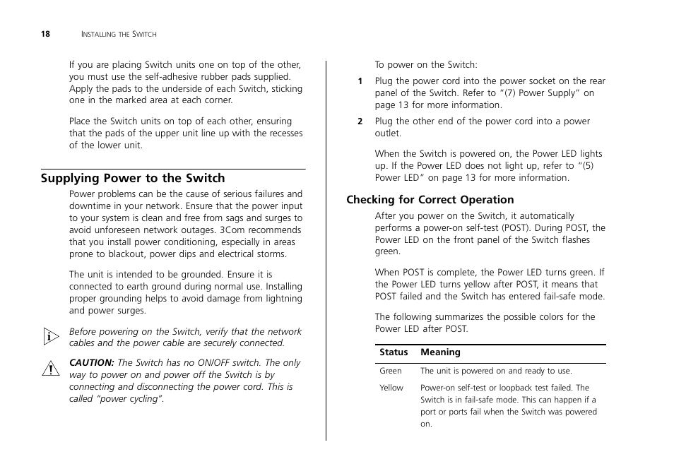Supplying power to the switch, Checking for correct operation | 3Com 2226 PLUS User Manual | Page 18 / 92