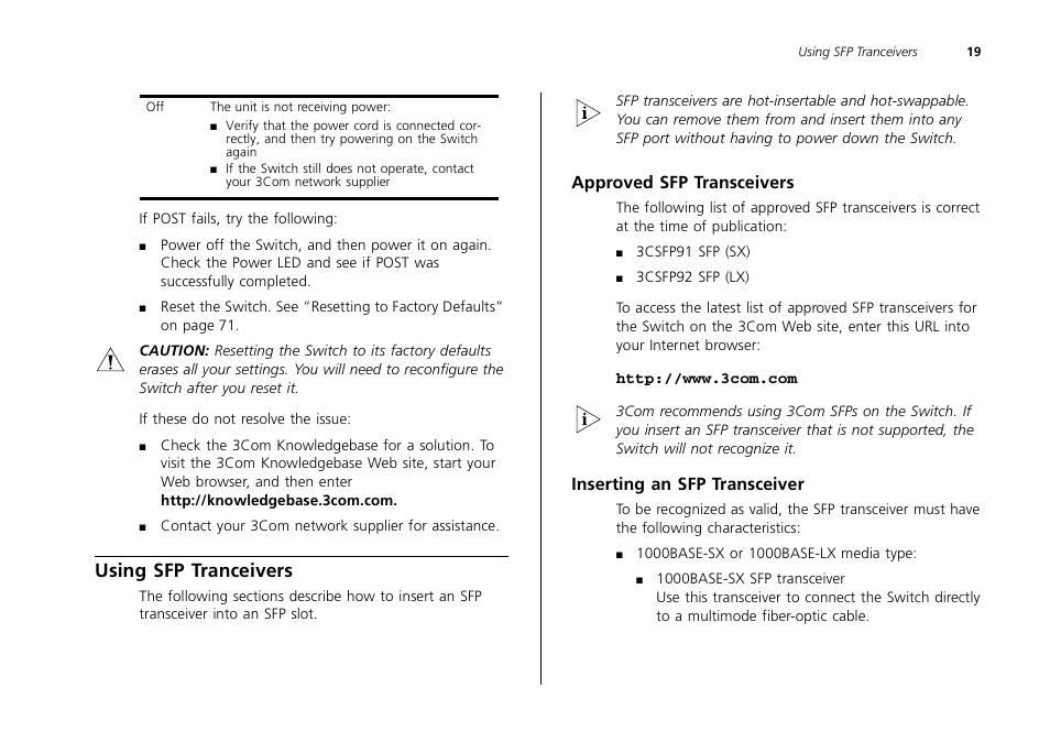 Using sfp tranceivers, Approved sfp transceivers, Inserting an sfp transceiver | 3Com 2226 PLUS User Manual | Page 19 / 92