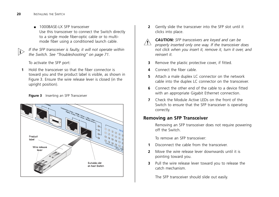 Removing an sfp transceiver | 3Com 2226 PLUS User Manual | Page 20 / 92