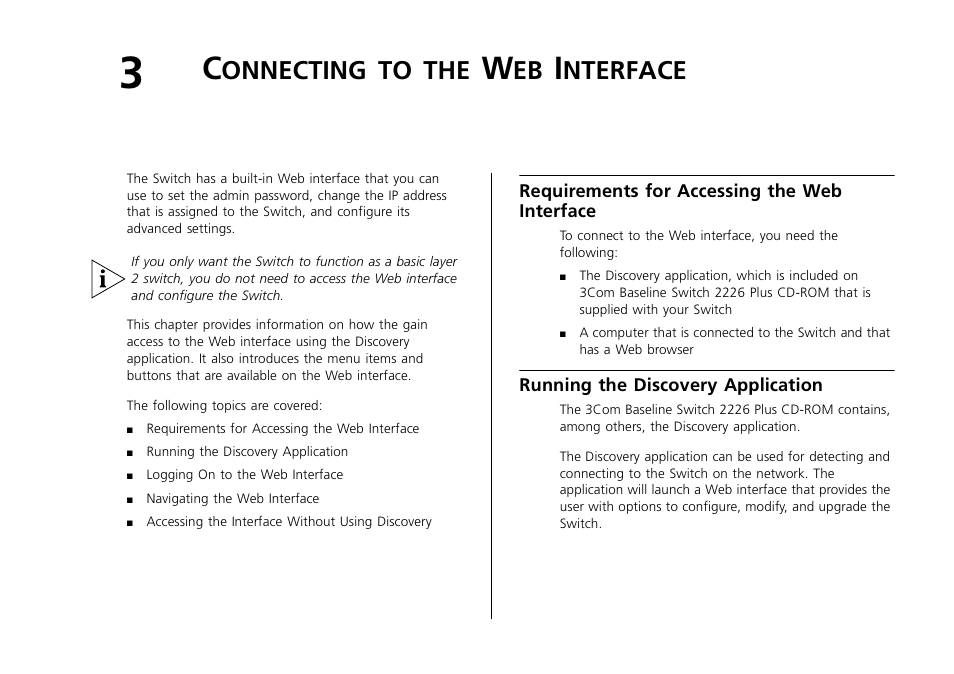 Connecting to the web interface, Requirements for accessing the web interface, Running the discovery application | Onnecting, Nterface | 3Com 2226 PLUS User Manual | Page 23 / 92