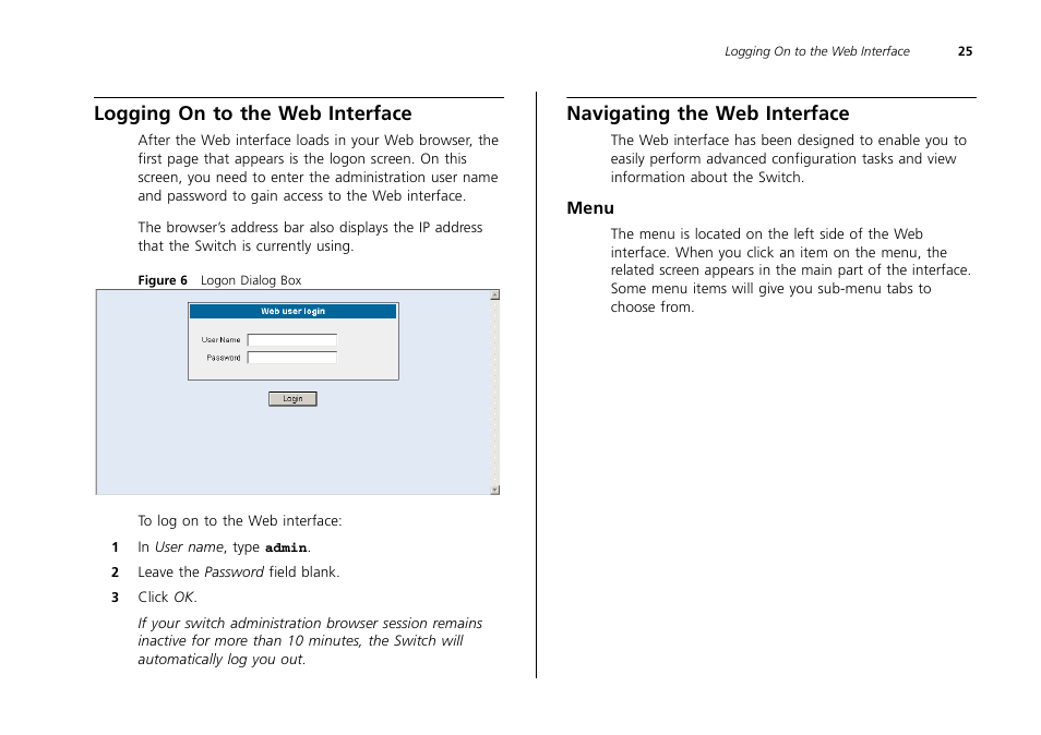Logging on to the web interface, Navigating the web interface, Menu | 3Com 2226 PLUS User Manual | Page 25 / 92