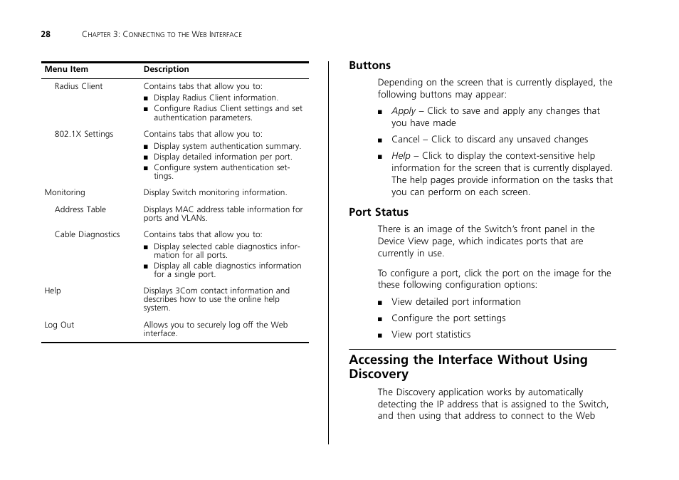 Buttons, Port status, Accessing the interface without using discovery | 3Com 2226 PLUS User Manual | Page 28 / 92