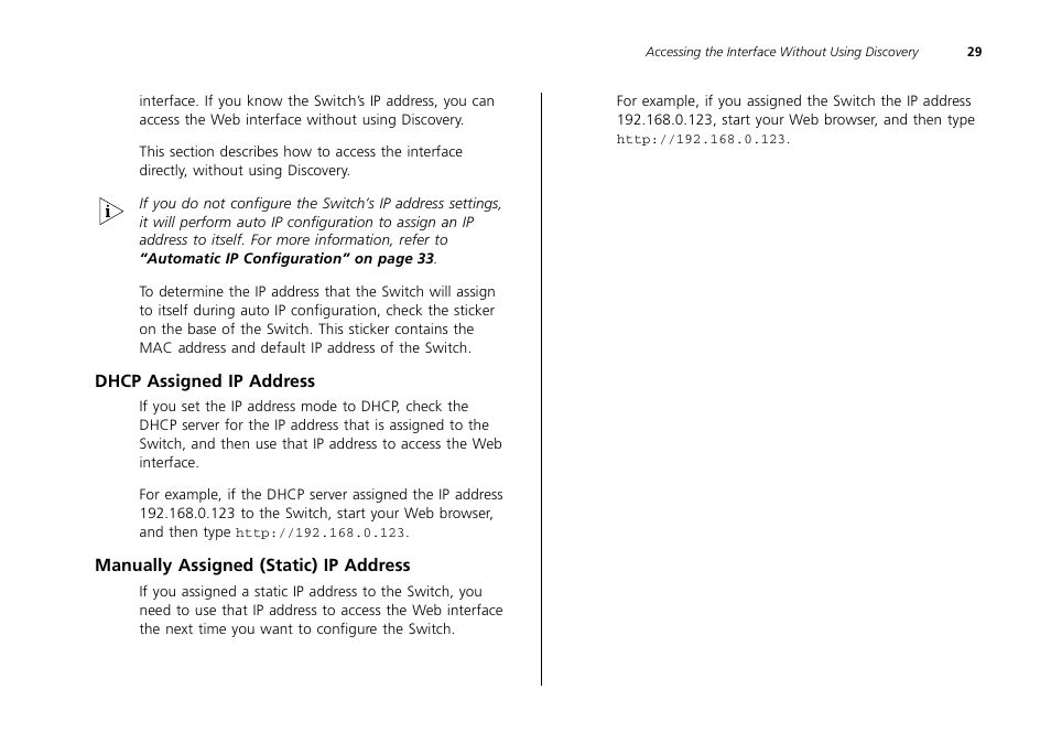 Dhcp assigned ip address, Manually assigned (static) ip address | 3Com 2226 PLUS User Manual | Page 29 / 92