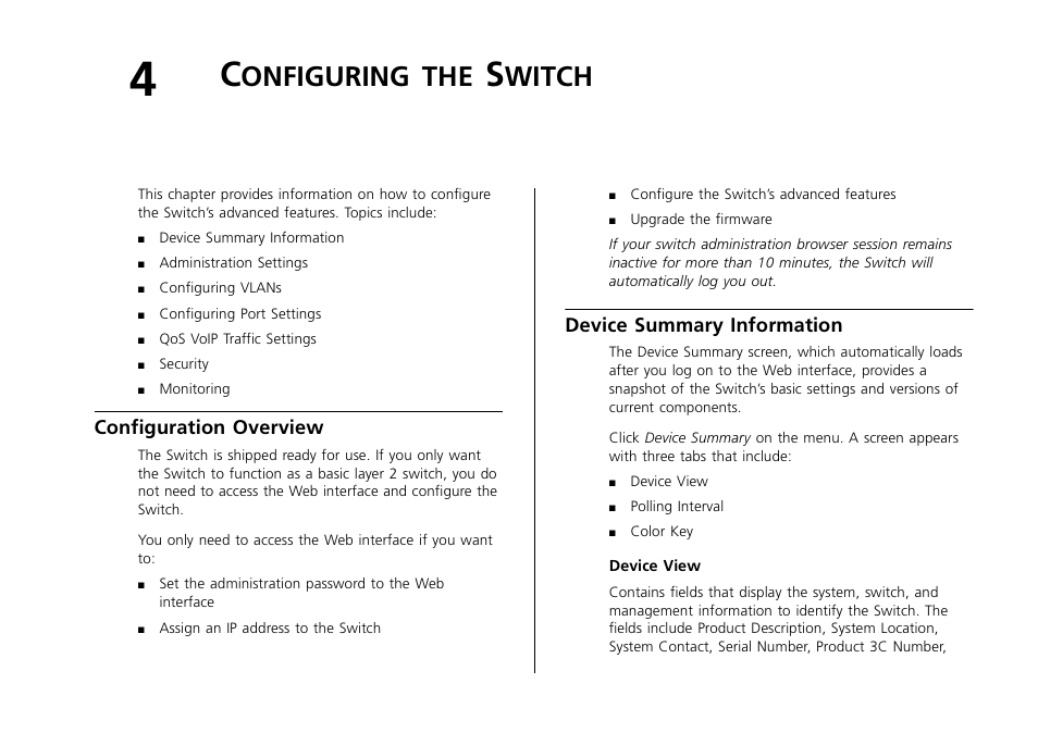 Configuring the switch, Configuration overview, Device summary information | Onfiguring, Witch | 3Com 2226 PLUS User Manual | Page 31 / 92