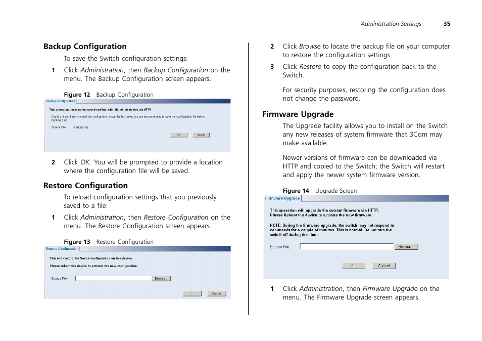 Backup configuration, Restore configuration, Firmware upgrade | 3Com 2226 PLUS User Manual | Page 35 / 92