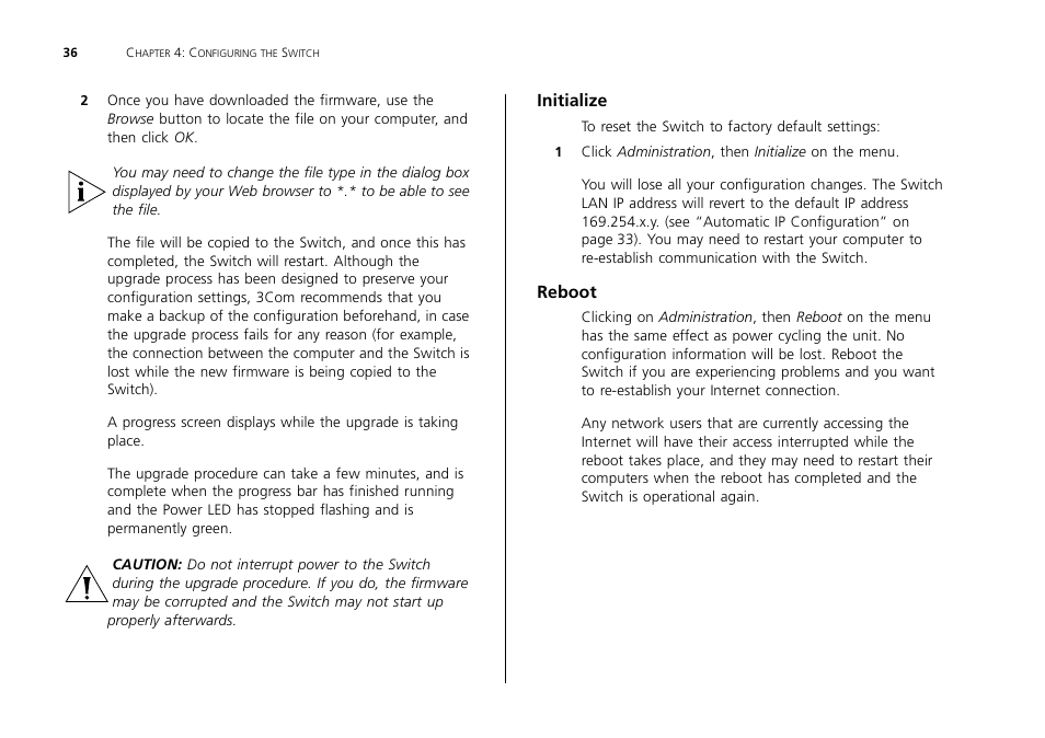 Initialize, Reboot | 3Com 2226 PLUS User Manual | Page 36 / 92