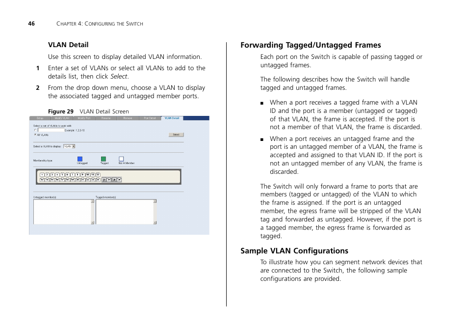 Forwarding tagged/untagged frames, Sample vlan configurations | 3Com 2226 PLUS User Manual | Page 46 / 92