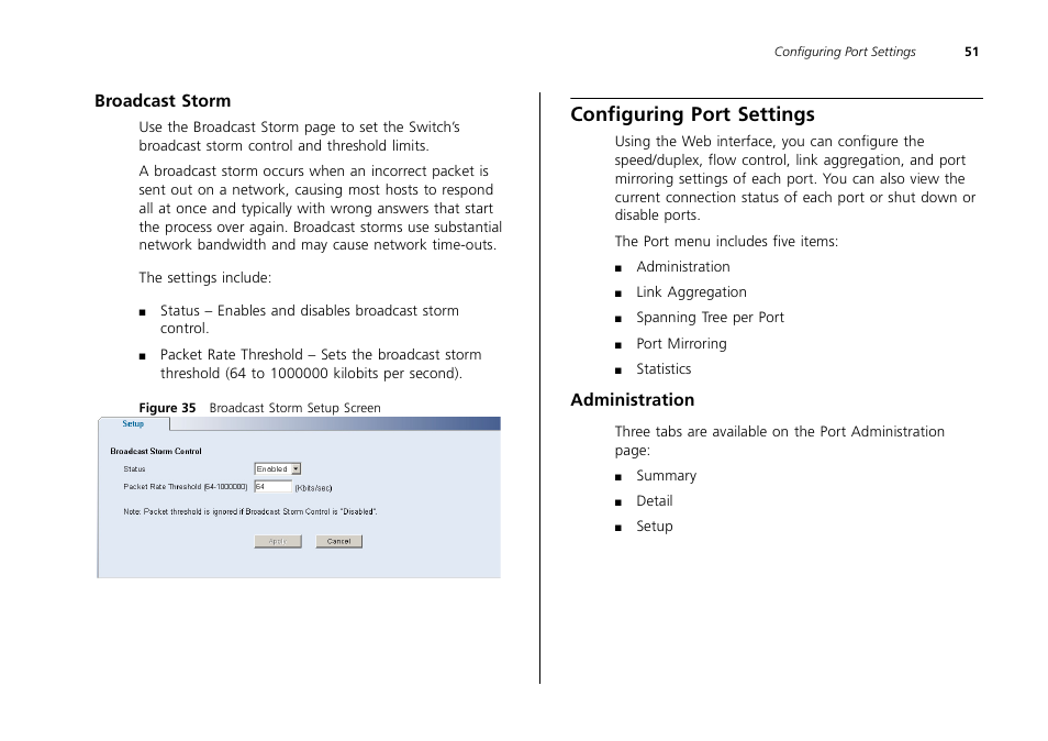 Broadcast storm, Configuring port settings, Administration | 3Com 2226 PLUS User Manual | Page 51 / 92