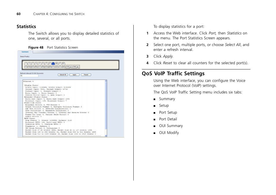 Statistics, Qos voip traffic settings | 3Com 2226 PLUS User Manual | Page 60 / 92