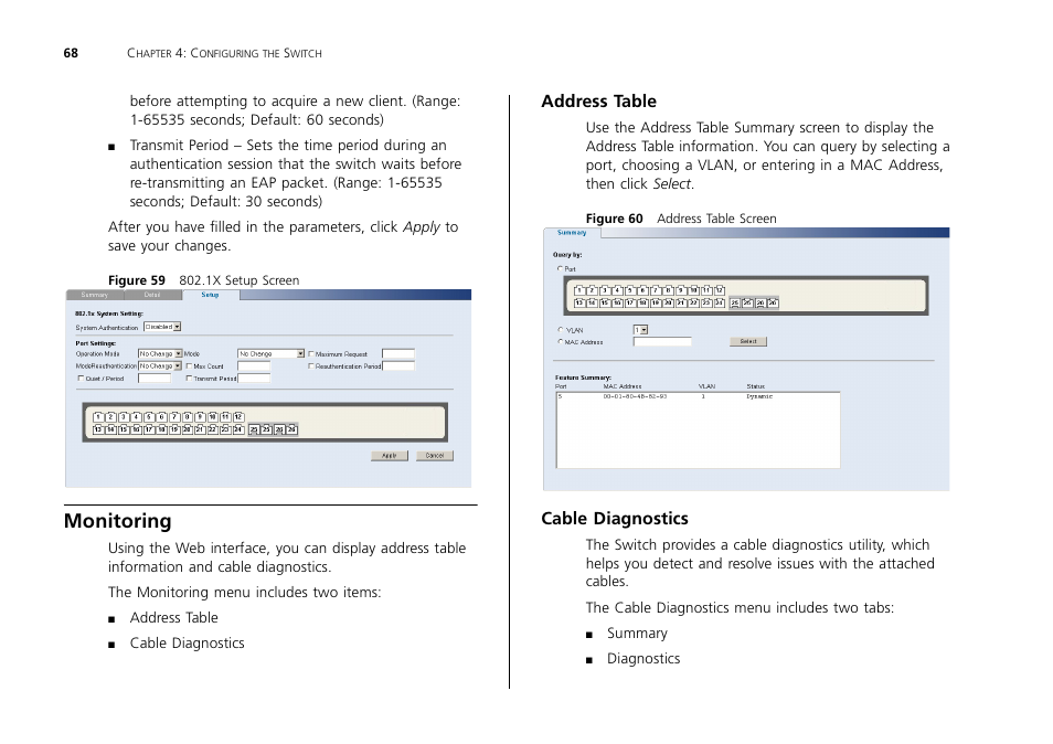Monitoring, Address table, Cable diagnostics | 3Com 2226 PLUS User Manual | Page 68 / 92