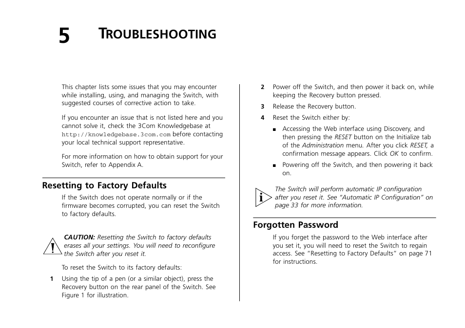 Troubleshooting, Resetting to factory defaults, Forgotten password | Roubleshooting | 3Com 2226 PLUS User Manual | Page 71 / 92