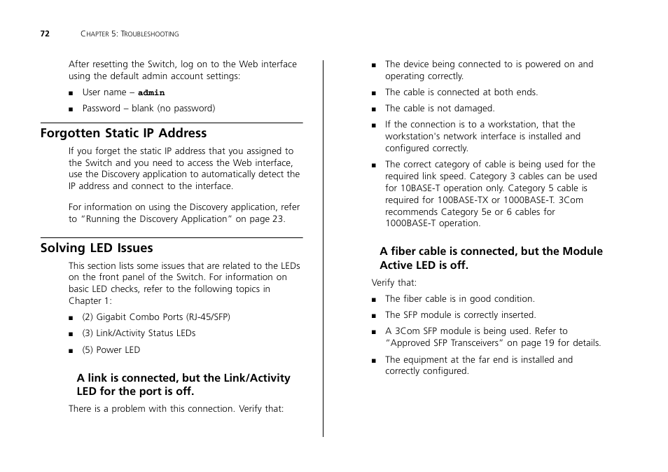 Forgotten static ip address, Solving led issues | 3Com 2226 PLUS User Manual | Page 72 / 92