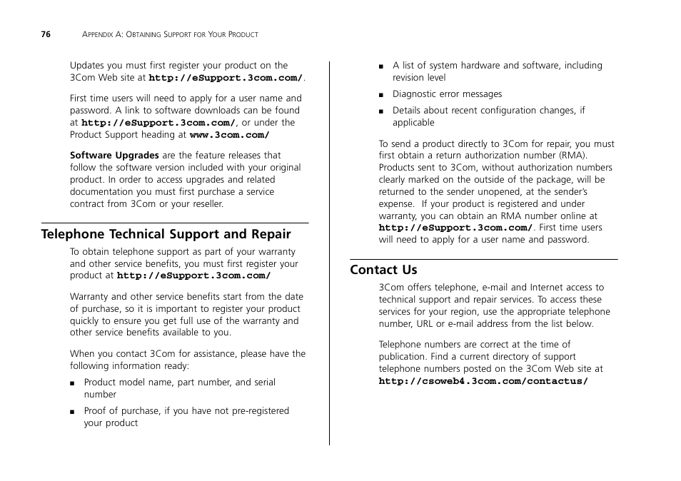 Telephone technical support and repair, Contact us | 3Com 2226 PLUS User Manual | Page 76 / 92