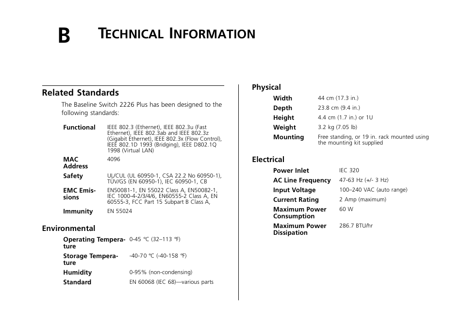 Technical information, Related standards, Environmental | Physical, Electrical, Echnical, Nformation | 3Com 2226 PLUS User Manual | Page 79 / 92