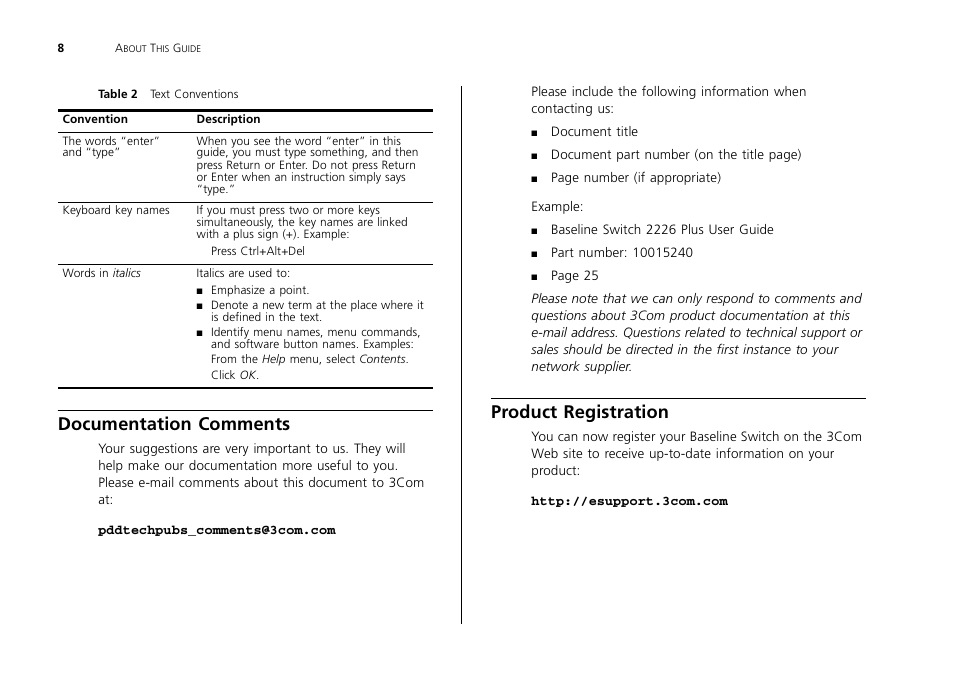 Documentation comments, Product registration | 3Com 2226 PLUS User Manual | Page 8 / 92