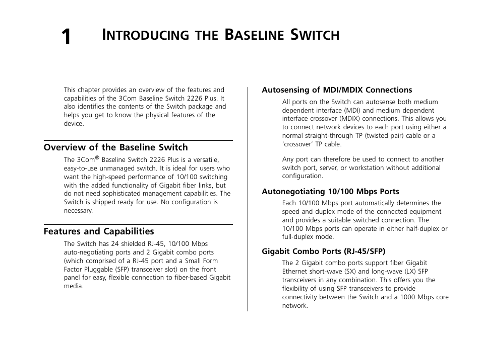 Introducing the baseline switch, Overview of the baseline switch, Features and capabilities | Autosensing of mdi/mdix connections, Autonegotiating 10/100 mbps ports, Gigabit combo ports (rj-45/sfp), Ntroducing, Aseline, Witch | 3Com 2226 PLUS User Manual | Page 9 / 92