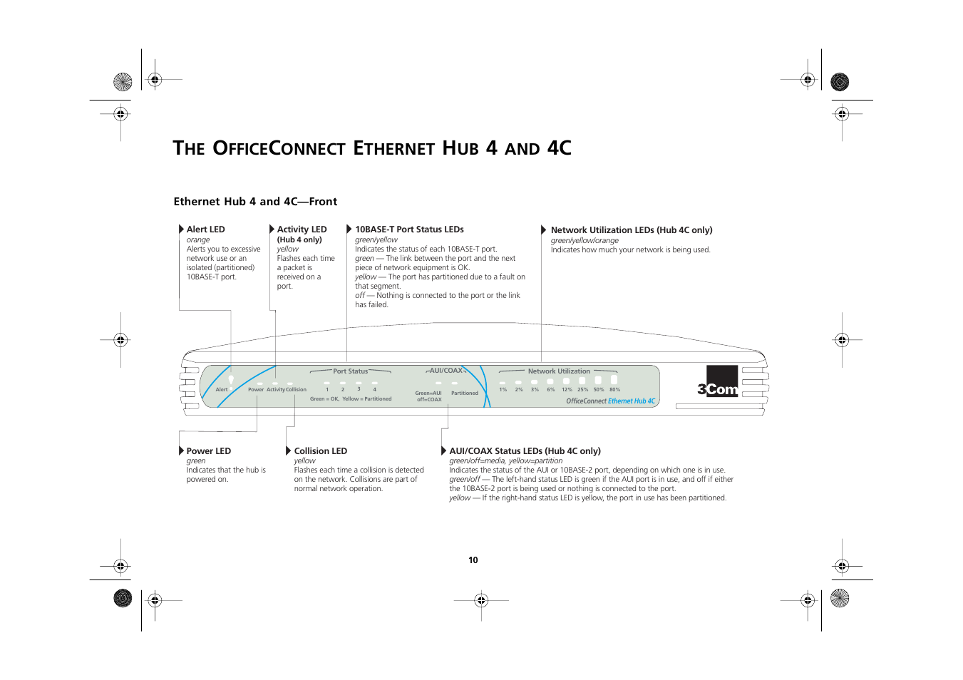 The officeconnect ethernet hub 4 and 4c, Ethernet hub 4 and 4c—front, The officeconnect ethernet hub 4 and 4c 10 | Ethernet hub 4 and 4c—front 10, Ffice, Onnect, Thernet | 3Com 3C16700A User Manual | Page 10 / 40