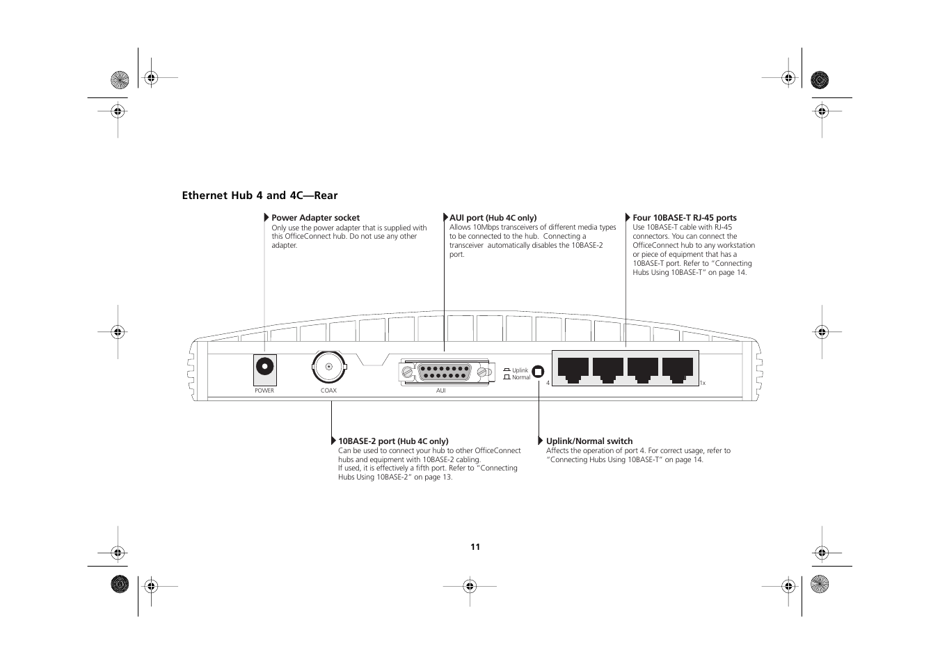 Ethernet hub 4 and 4c—rear, Ethernet hub 4 and 4c—rear 11 | 3Com 3C16700A User Manual | Page 11 / 40