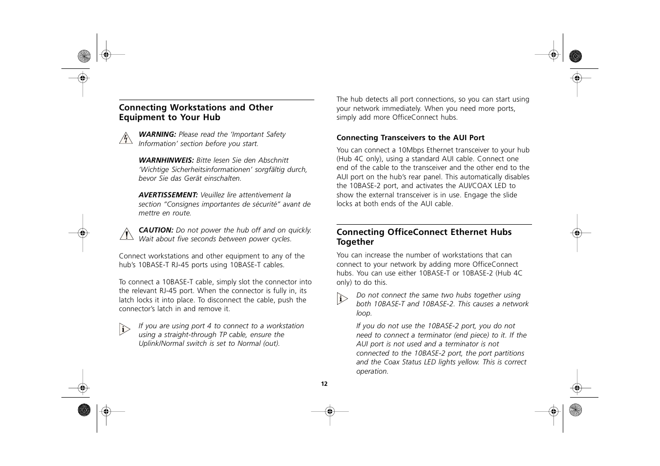 Connecting transceivers to the aui port, Connecting officeconnect ethernet hubs together, Connecting transceivers to the aui port 12 | Connecting officeconnect ethernet hubs together 12 | 3Com 3C16700A User Manual | Page 12 / 40