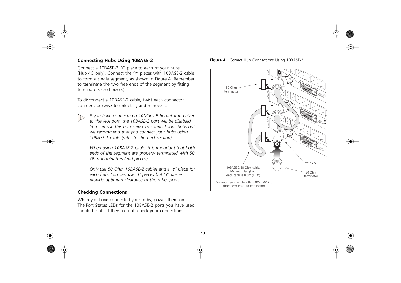 Connecting hubs using 10base-2, Checking connections, Figure 4 correct hub connections using 10base-2 | Connecting hubs using 10base-2 13, Checking connections 13 | 3Com 3C16700A User Manual | Page 13 / 40