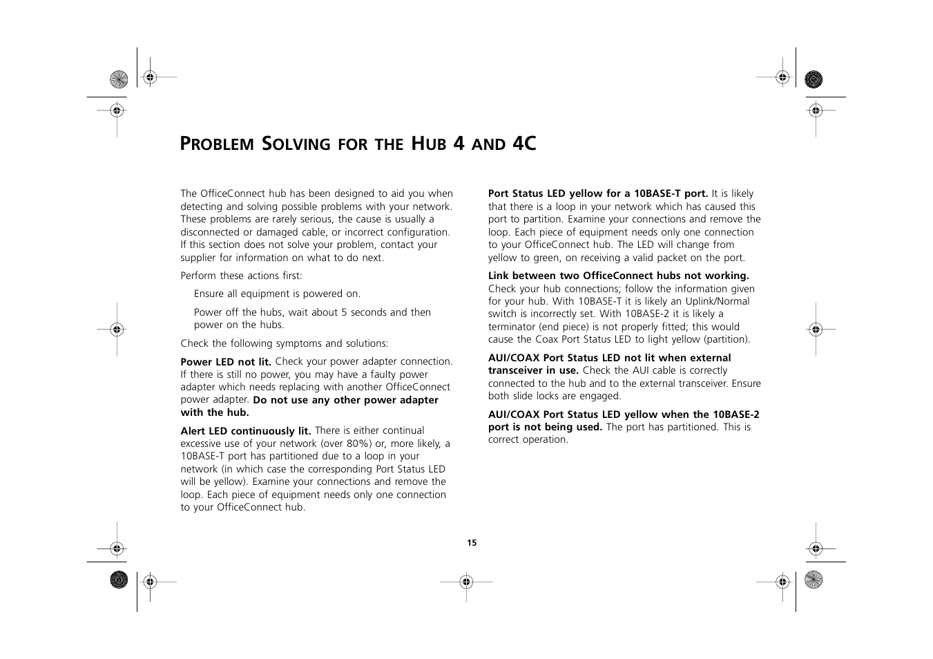 Problem solving for the hub 4 and 4c, Problem solving for the hub 4 and 4c 15 | 3Com 3C16700A User Manual | Page 15 / 40