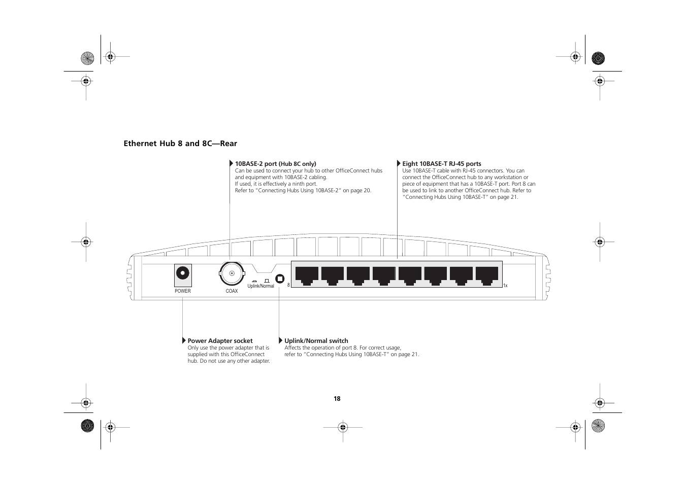 Ethernet hub 8 and 8c—rear, Ethernet hub 8 and 8c—rear 18 | 3Com 3C16700A User Manual | Page 18 / 40