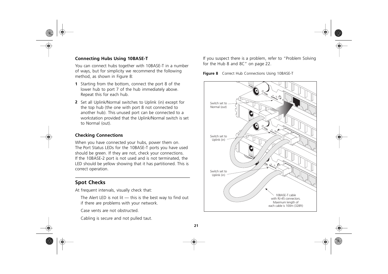 Connecting hubs using 10base-t, Checking connections, Spot checks | Figure 8 correct hub connections using 10base-t, Connecting hubs using 10base-t 21, Checking connections 21, Spot checks 21 | 3Com 3C16700A User Manual | Page 21 / 40