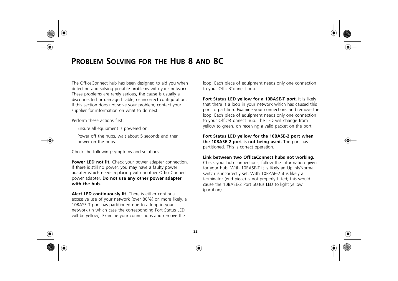 Problem solving for the hub 8 and 8c, Problem solving for the hub 8 and 8c 22 | 3Com 3C16700A User Manual | Page 22 / 40