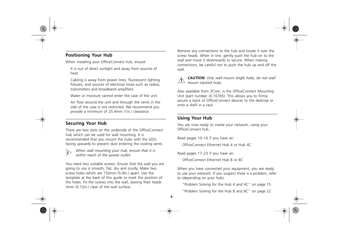 Positioning your hub, Securing your hub, Using your hub | Positioning your hub 9, Securing your hub 9, Using your hub 9 | 3Com 3C16700A User Manual | Page 9 / 40
