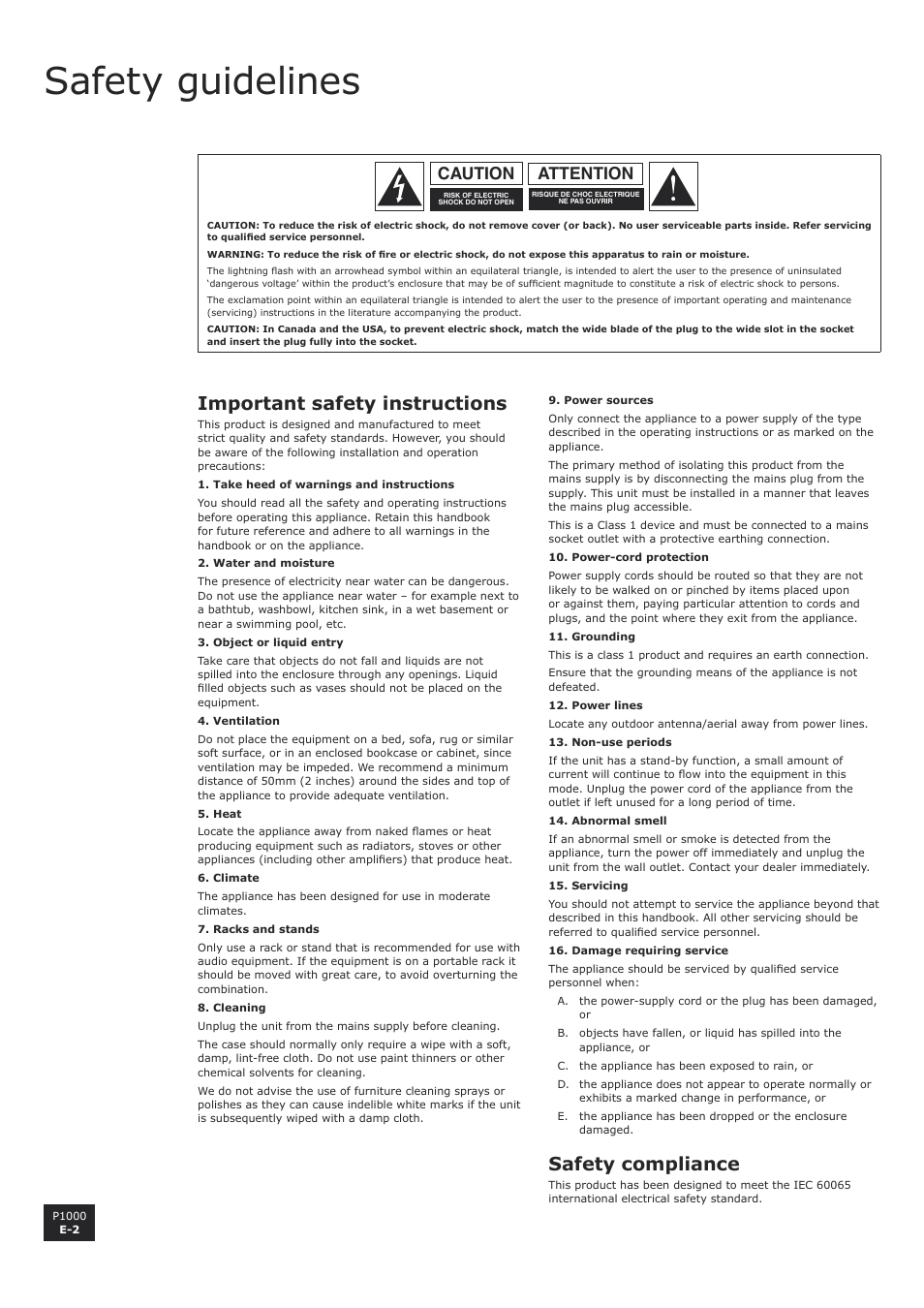 Safety guidelines, English, Important safety instructions | Safety compliance, Attention caution | Arcam P1000 User Manual | Page 2 / 12